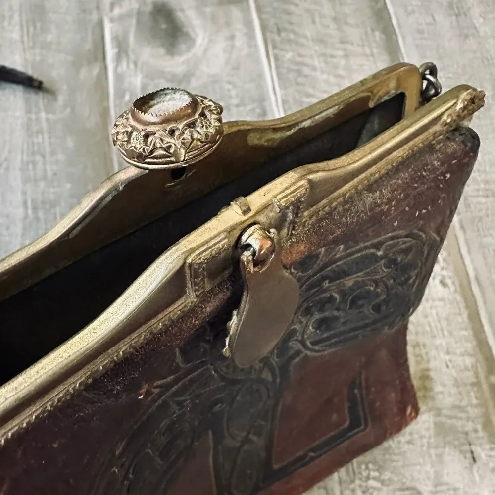 Amity Vintage Antique Leather Tooled Wallet Pouch Bag